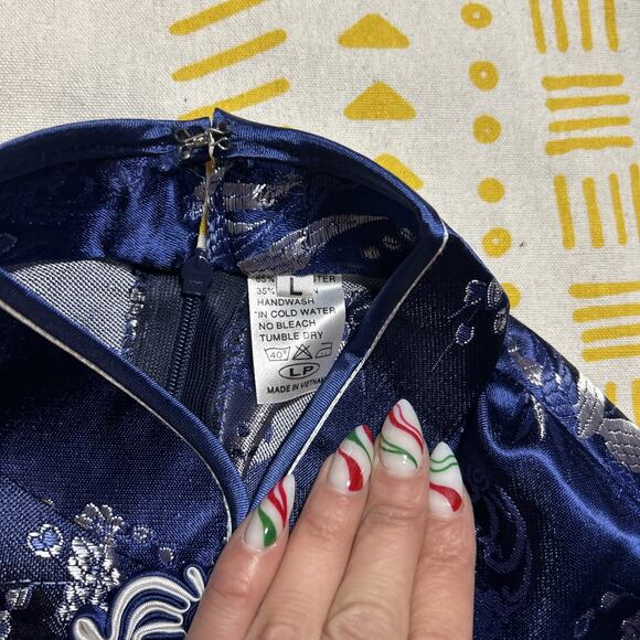 Blue Cheongsam Dress Silver Floral and Bamboo Brocade Pattern Large Women's - Picture 6 of 7